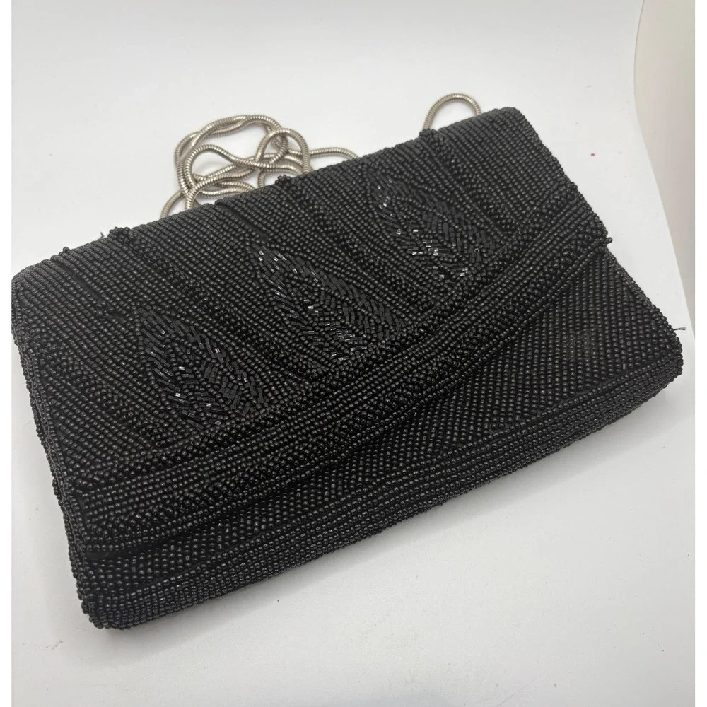 Black Beaded Clutch Evening Bag Silver Chain‎ Strap Formal Party Purse